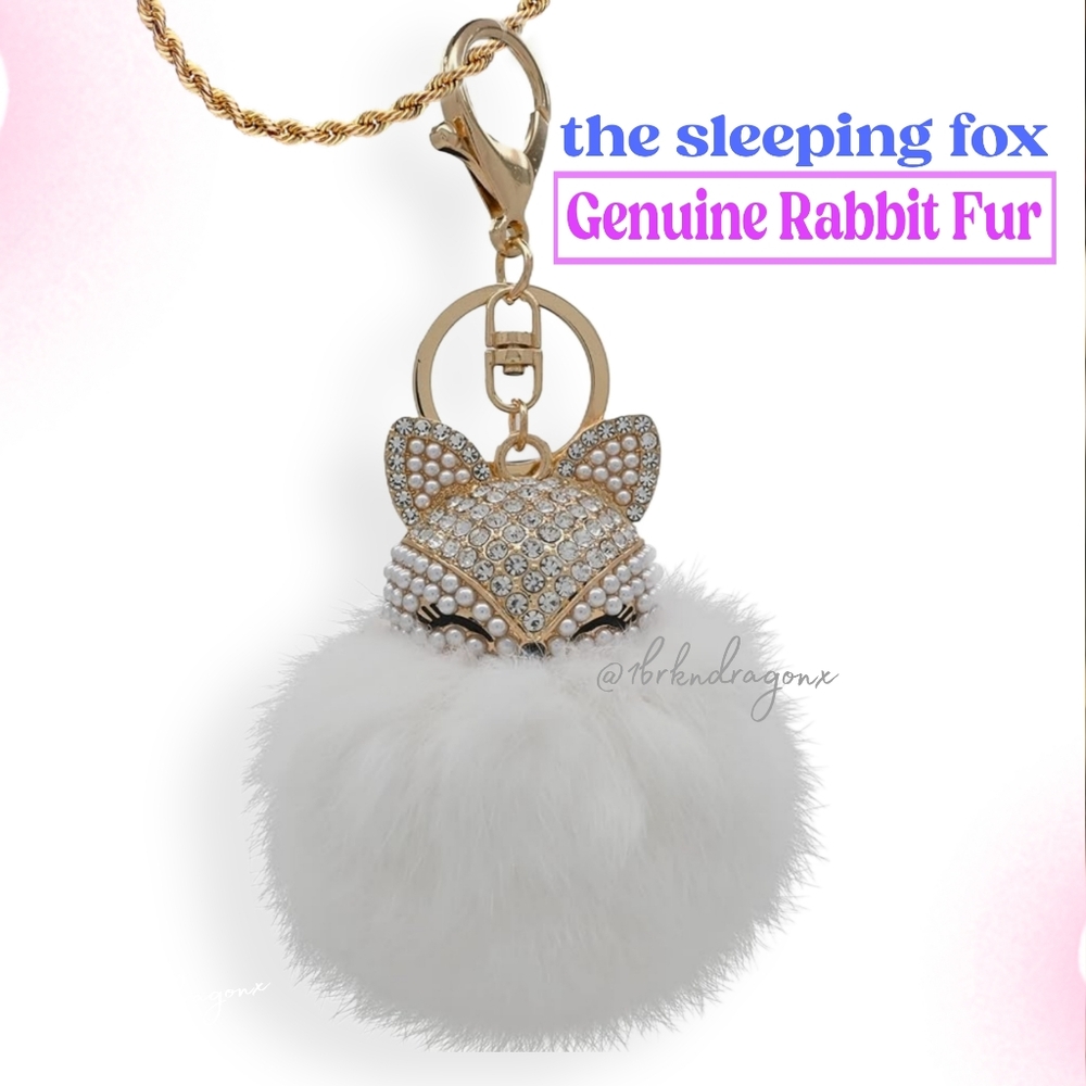 The Sleeping Fox Genuine Rabbit Fur Handbag Purse Charm Keychain Badge Charm - Picture 9 of 14